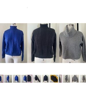 Lot 3 Vintage JEANNE PIERRE Cable Knit Turtleneck Sweaters Blue, Black, Gray